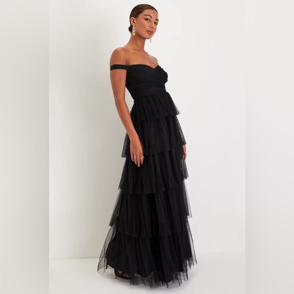 NEW Black Tulle Off-the-Shoulder Tiered Maxi Dress